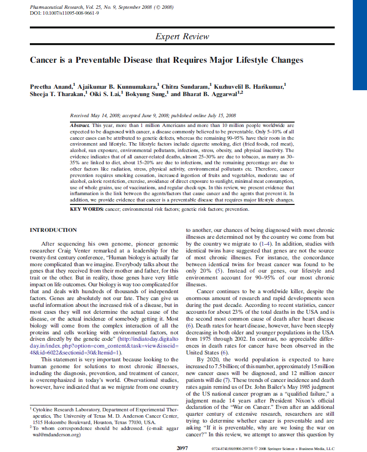 Primera pàgina de l’article Cancer is a Preventable Disease that Requires Major Lifestyle Changes