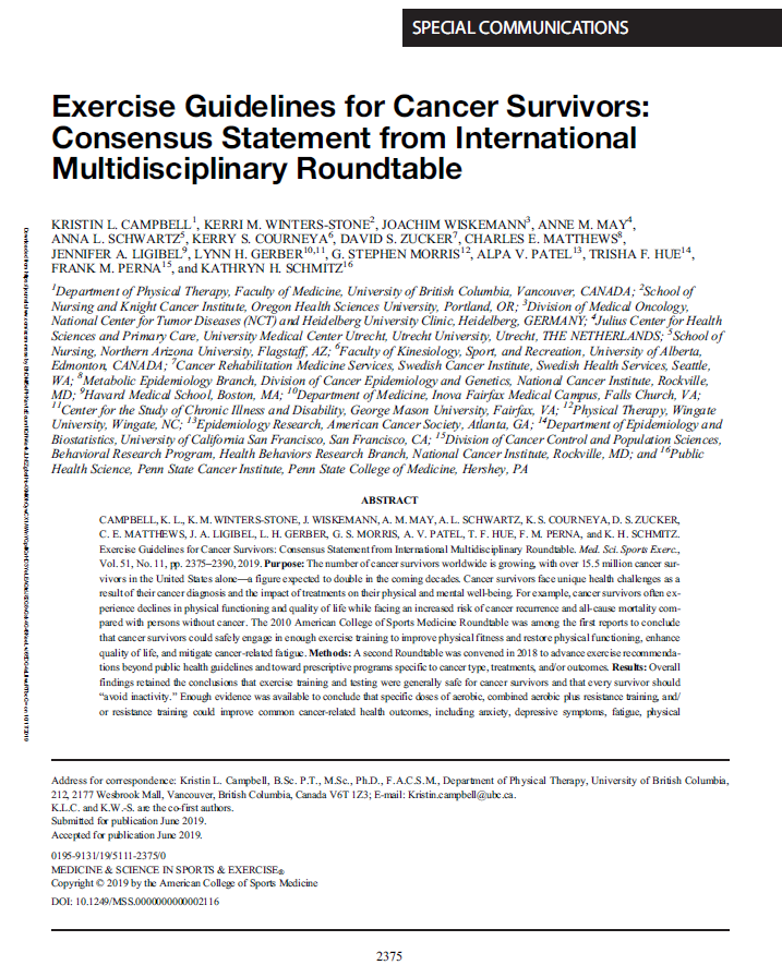 Portada del consens internacional Exercise Guidelines for Cancer Survivors